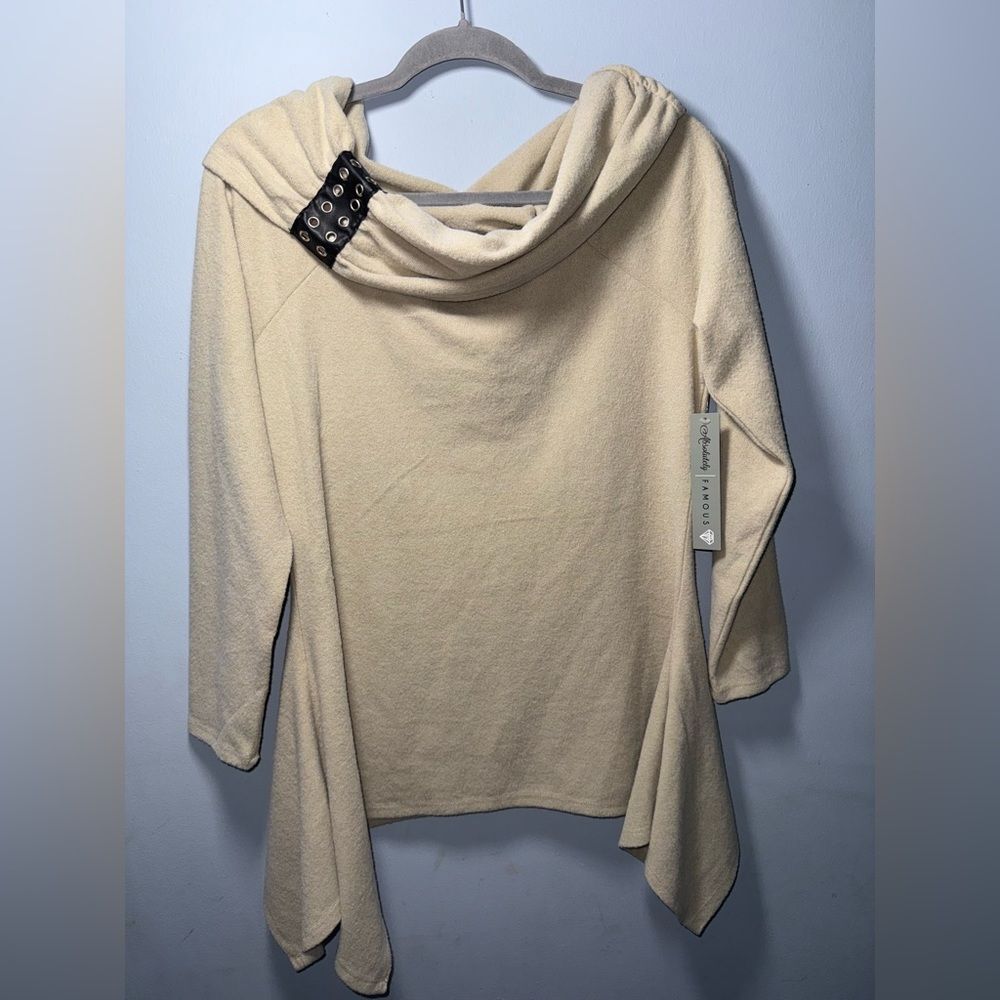 Absolutely Famous Tan Soft Fuzzy Eyelet Detail Cowl Neck Long Sides Top Size L